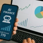 A smartphone showing AI finance app and laptop with charts, representing the influence of artificial intelligence in financial decisions.