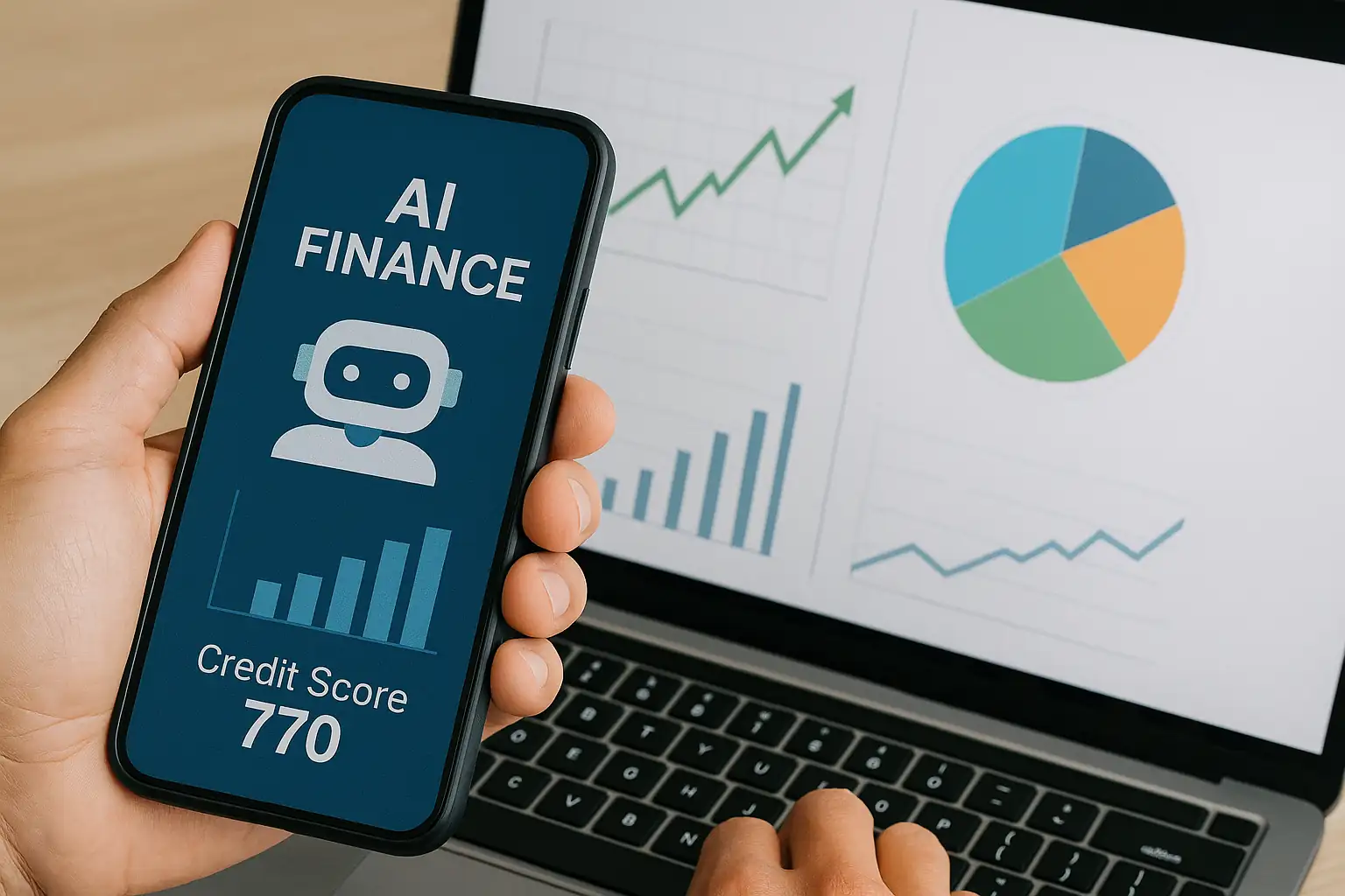 A smartphone showing AI finance app and laptop with charts, representing the influence of artificial intelligence in financial decisions.