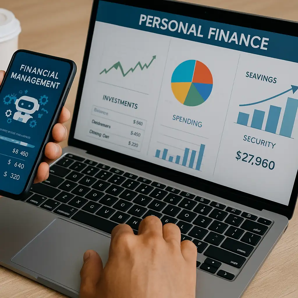 A person using AI-powered financial tools on laptop and smartphone, representing the role of artificial intelligence in financial decisions.