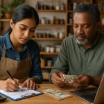 Young entrepreneur managing finances with mentor in a small business setting, representing the impact of microcredit for entrepreneurs.