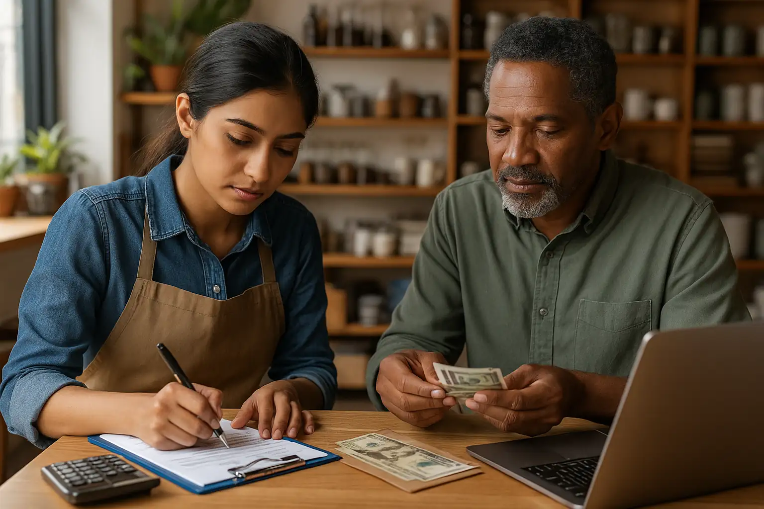 Young entrepreneur managing finances with mentor in a small business setting, representing the impact of microcredit for entrepreneurs.