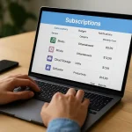 Hands typing on a laptop with a financial dashboard, illustrating how subscription managers help track recurring expenses.