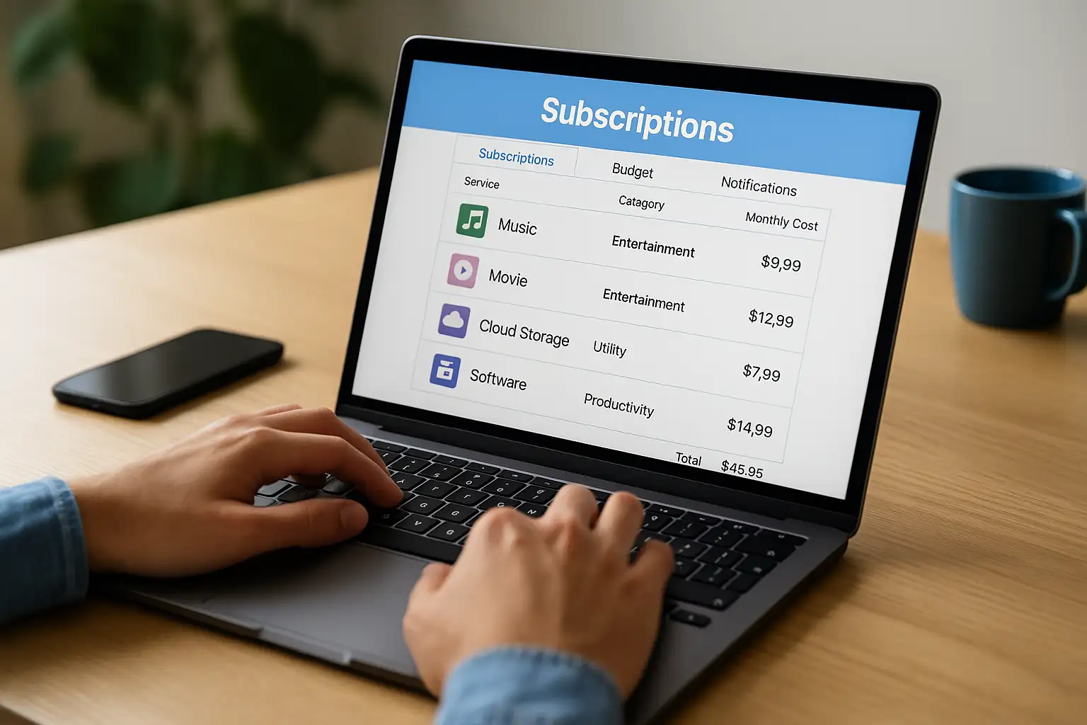Hands typing on a laptop with a financial dashboard, illustrating how subscription managers help track recurring expenses.