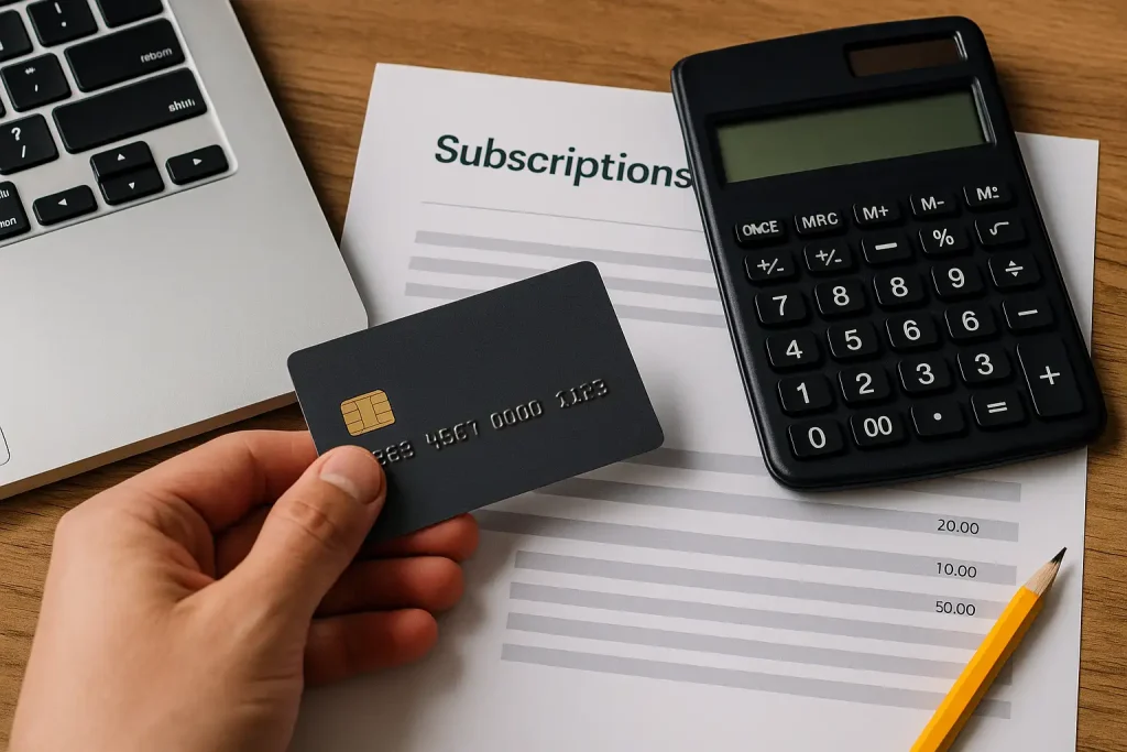Close-up of a desk with a credit card, calculator, and subscription sheet, symbolizing the role of subscription managers in financial control.