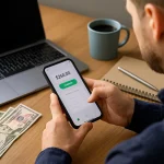 Man using a digital wallet app on a smartphone with US dollar bills and a paycheck stub on a desk, representing salary advance apps for early wage access.