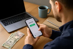 Man using a digital wallet app on a smartphone with US dollar bills and a paycheck stub on a desk, representing salary advance apps for early wage access.
