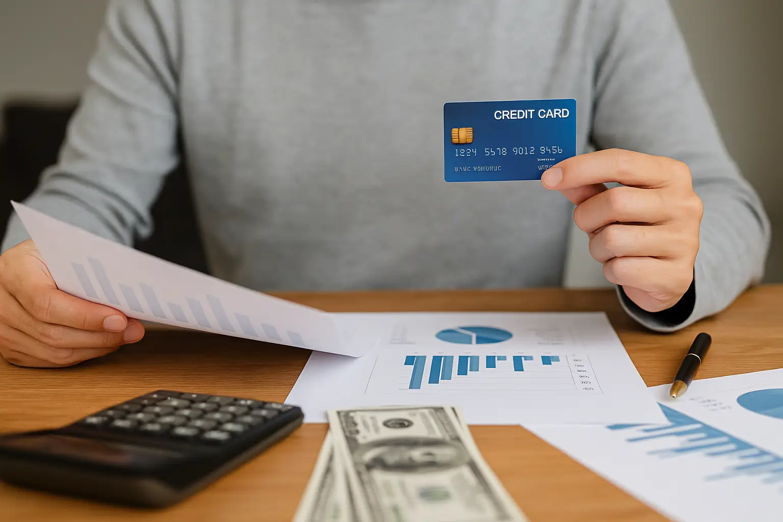 Young student sitting at a desk with a laptop and holding a card, symbolizing the use of beginner credit cards to build financial history.