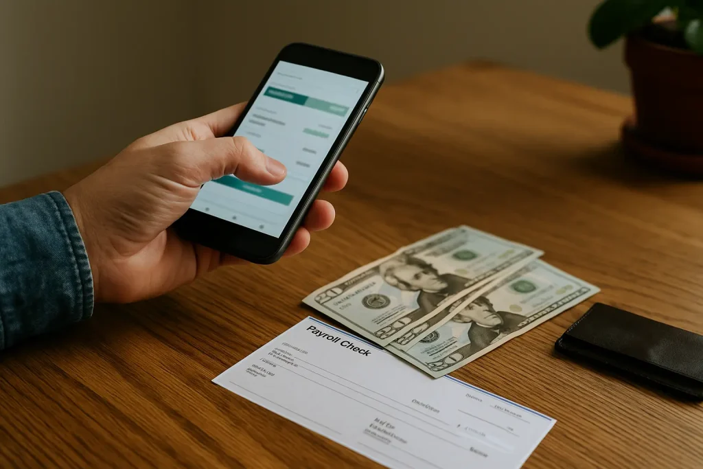 Close-up of a person using a smartphone at a desk with US dollar bills and a calculator, symbolizing the use of salary advance apps in the US.