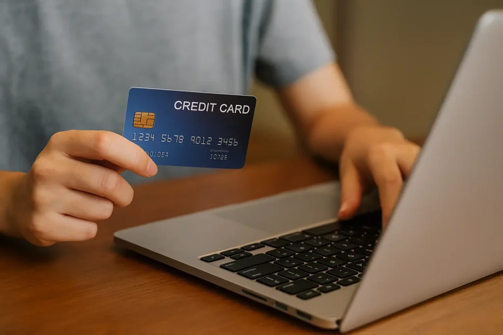 Close-up of a secured card placed next to US dollar bills and a calculator on a desk, representing responsible use of beginner credit cards.