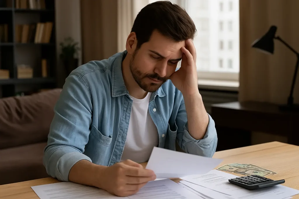 Professional man analyzing charts on a laptop with US dollar bills and a calculator on the desk, representing behavioral finance in practice.