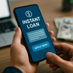 A person applying for instant digital loans on a smartphone, with a laptop and money in the background, symbolizing speed and convenience.