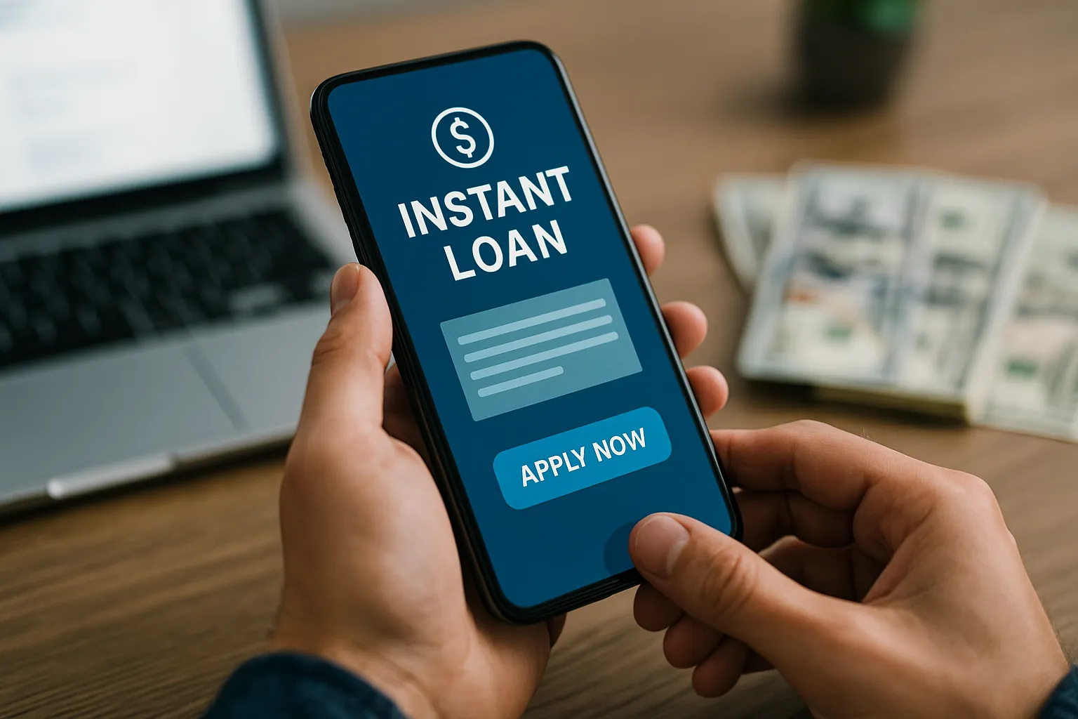 A person applying for instant digital loans on a smartphone, with a laptop and money in the background, symbolizing speed and convenience.