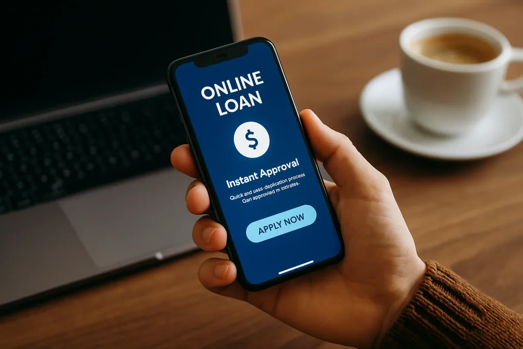 Close-up of instant digital loans application on a smartphone, placed next to a laptop and coffee cup in a modern home office.