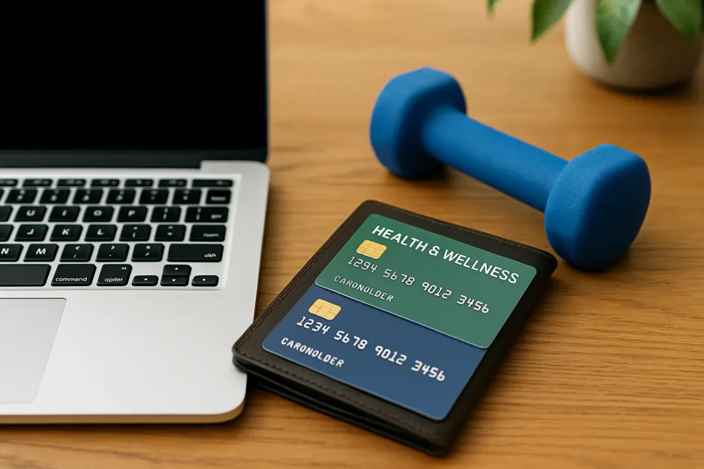 Credit cards with benefits displayed with a fitness watch, smoothie bowl, and earbuds, symbolizing health and wellness lifestyle rewards"