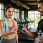 Credit cards with benefits used for fitness rewards, showing a person holding a modern card beside gym equipment and a water bottle