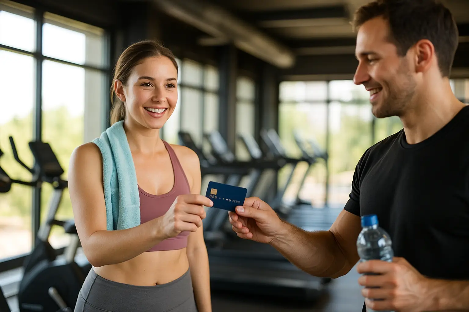 Credit cards with benefits used for fitness rewards, showing a person holding a modern card beside gym equipment and a water bottle