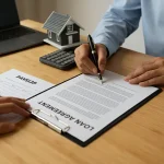 Employee signing a financial agreement for salary-backed loans at a modern office desk with documents and a laptop