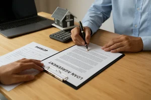 Employee signing a financial agreement for salary-backed loans at a modern office desk with documents and a laptop