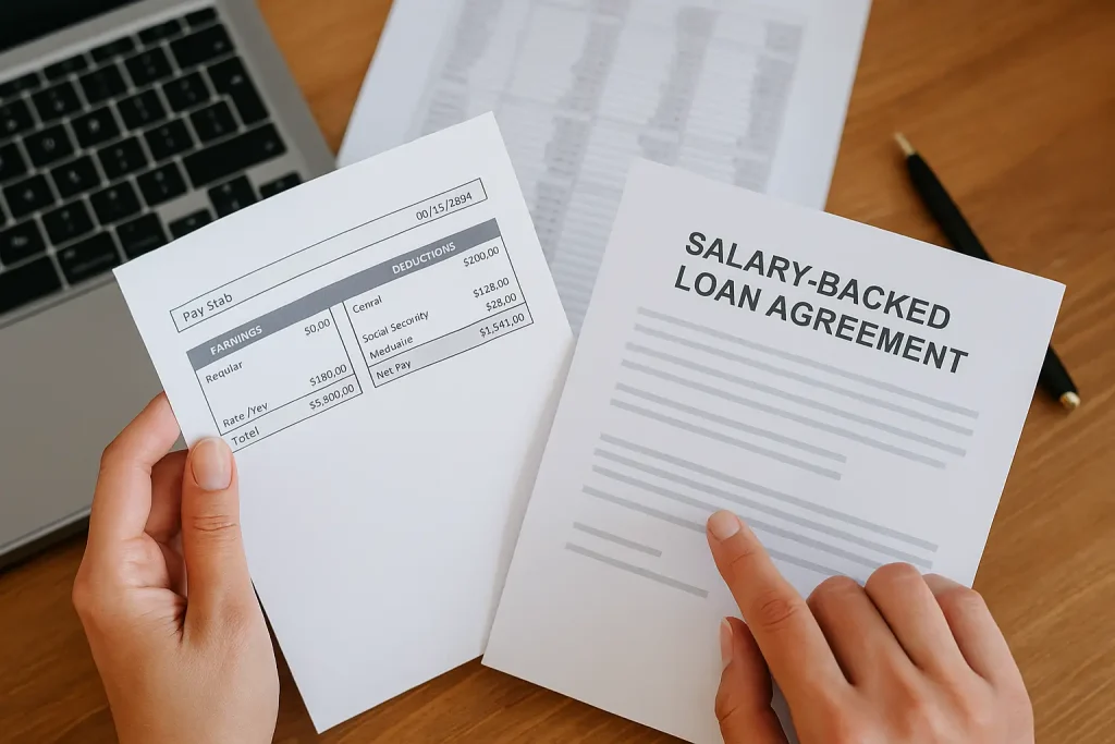 Professional meeting between client and advisor discussing salary-backed loans and responsible borrowing options