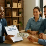 Small business loans approval meeting in a modern office, showing entrepreneurs receiving funding from a banker in the United States