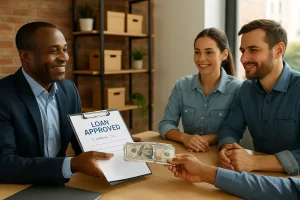Small business loans approval meeting in a modern office, showing entrepreneurs receiving funding from a banker in the United States
