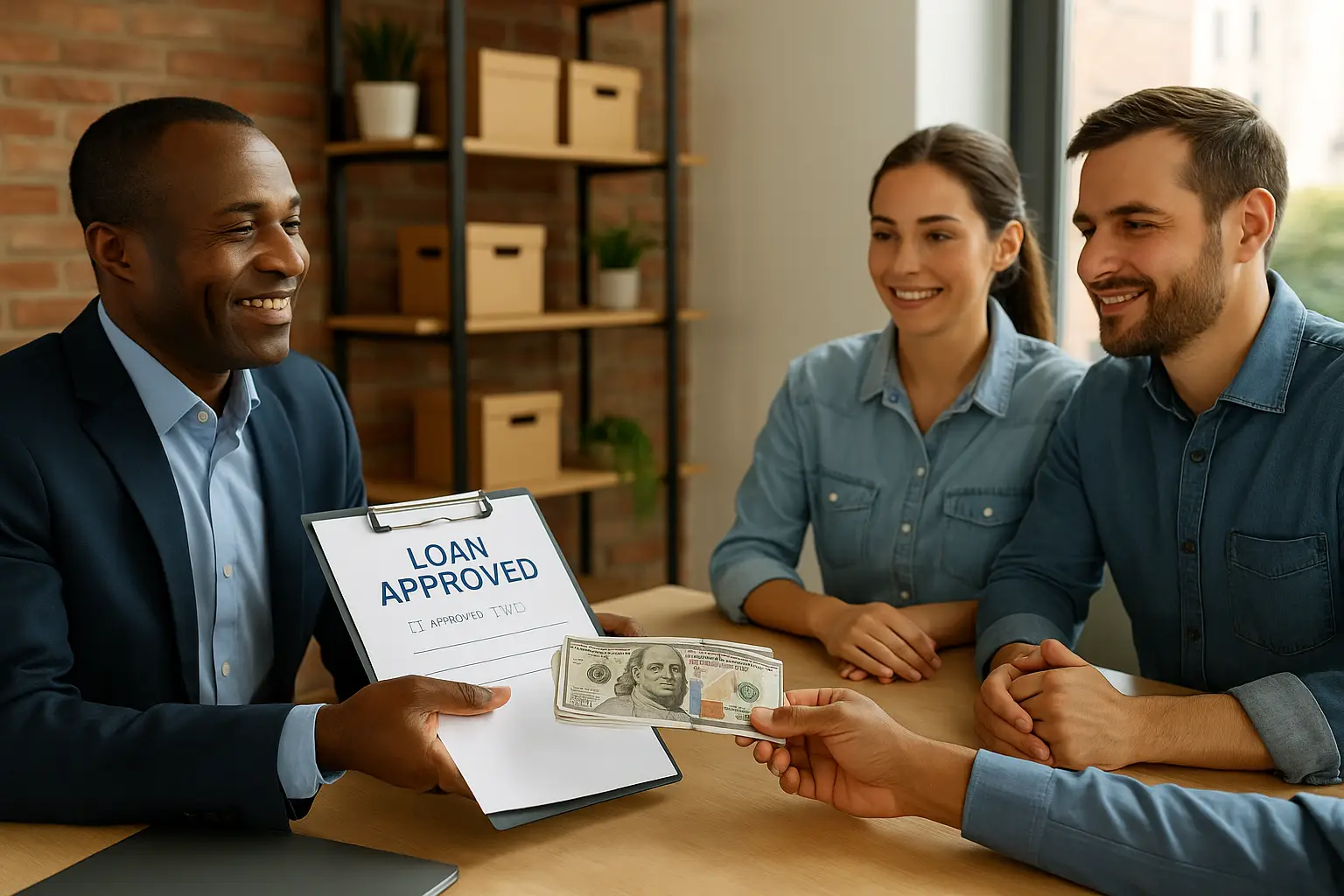 Small business loans approval meeting in a modern office, showing entrepreneurs receiving funding from a banker in the United States