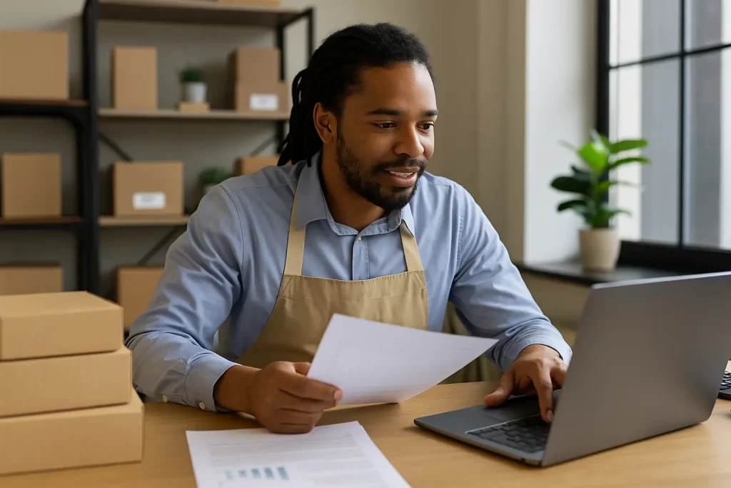 Entrepreneur reviewing financial documents and planning growth with small business loans support in a bright office setting