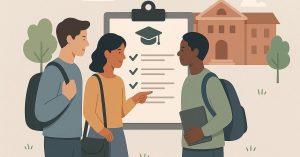Illustration of three students talking in front of a checklist about education requirements, symbolizing planning and decisions related to student loan options.