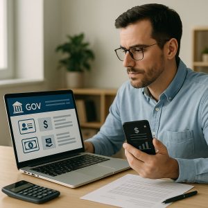 A man sitting at a wooden desk analyzes finance tasks while viewing government service icons on a laptop and financial data on a smartphone. He wears glasses and a blue shirt, focusing intently on the screens in a softly lit room with minimalistic decor, conveying the concept of digital public services influencing personal financial planning.