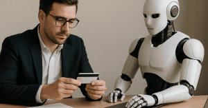 A businessman reviews a card while sitting beside a humanoid robot at a desk, highlighting AI-assisted credit decisions and modern loan services.