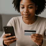 Young woman using her phone and holding a loan credit card while managing online payments at home.