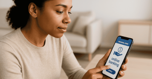 Young woman using a mobile banking app to apply for an online loan on her smartphone.