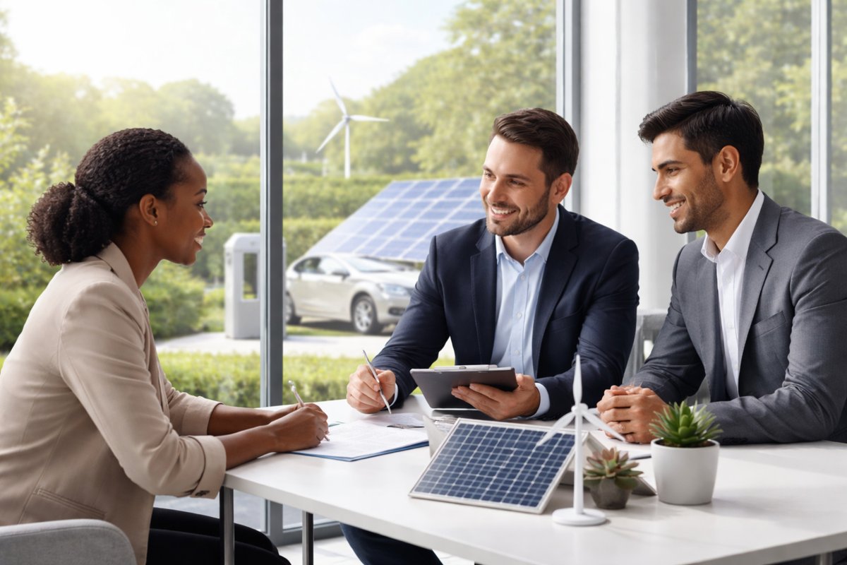Consultants reviewing a sustainable loan agreement during a business meeting.