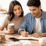 Couple reviewing household budget and expenses at home, writing notes and planning personal finance with receipts, savings jar, and piggy bank on the table.