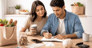 Couple reviewing household budget and expenses at home, writing notes and planning personal finance with receipts, savings jar, and piggy bank on the table.