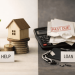 Visual comparison showing how loans can help or hurt finances, with savings, a small house, and growing plant labeled “loan help” on one side, and overdue bills, calculator, broken credit card, and alarm clock labeled “loan hurt” on the other side.
