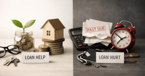 Visual comparison showing how loans can help or hurt finances, with savings, a small house, and growing plant labeled “loan help” on one side, and overdue bills, calculator, broken credit card, and alarm clock labeled “loan hurt” on the other side.
