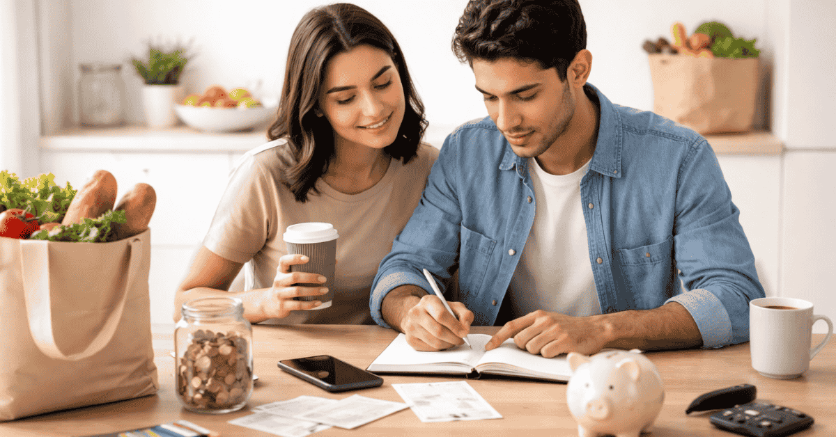Couple reviewing household budget and expenses at home, writing notes and planning personal finance with receipts, savings jar, and piggy bank on the table.