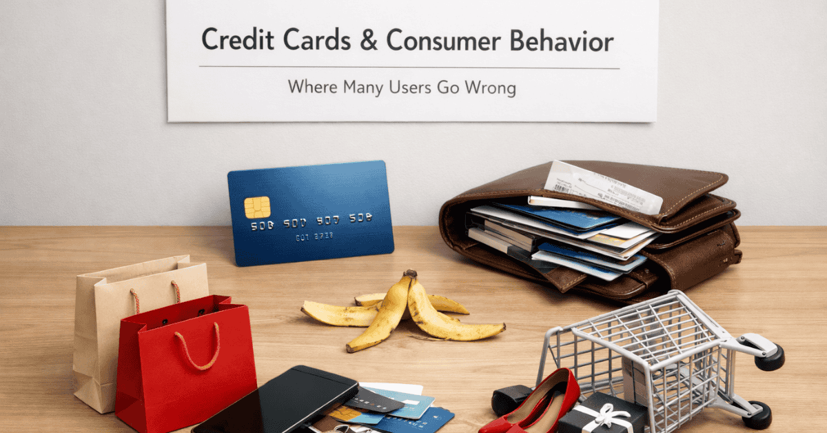 Credit card spending habits illustrated by shopping bags, a wallet full of cards, and everyday purchases, highlighting consumer behavior and credit card misuse in the United States.