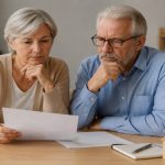 The image visually represents the emotional and financial weight of retirement-related borrowing decisions. It shows an older American couple reviewing financial documents at home in a calm and realistic environment. The minimalist composition, soft lighting, and neutral tones reinforce themes of responsibility, caution, and financial planning, while the house model on the table subtly symbolizes collateral and home equity connected to secured loans.