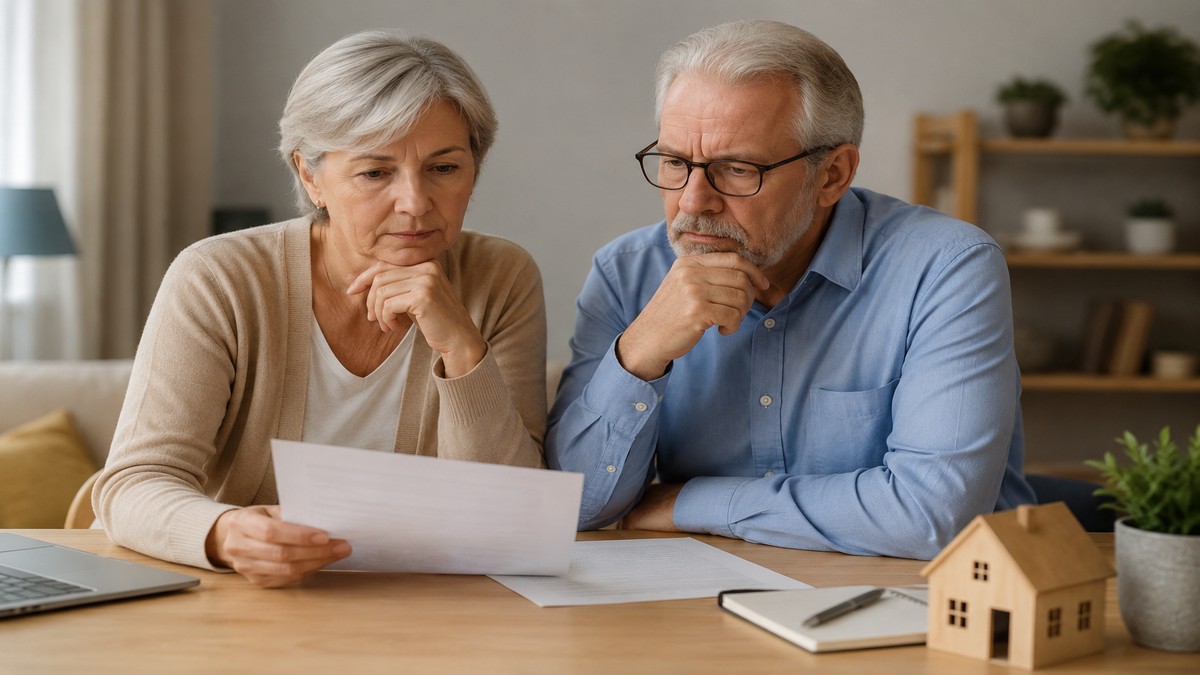 The image visually represents the emotional and financial weight of retirement-related borrowing decisions. It shows an older American couple reviewing financial documents at home in a calm and realistic environment. The minimalist composition, soft lighting, and neutral tones reinforce themes of responsibility, caution, and financial planning, while the house model on the table subtly symbolizes collateral and home equity connected to secured loans.